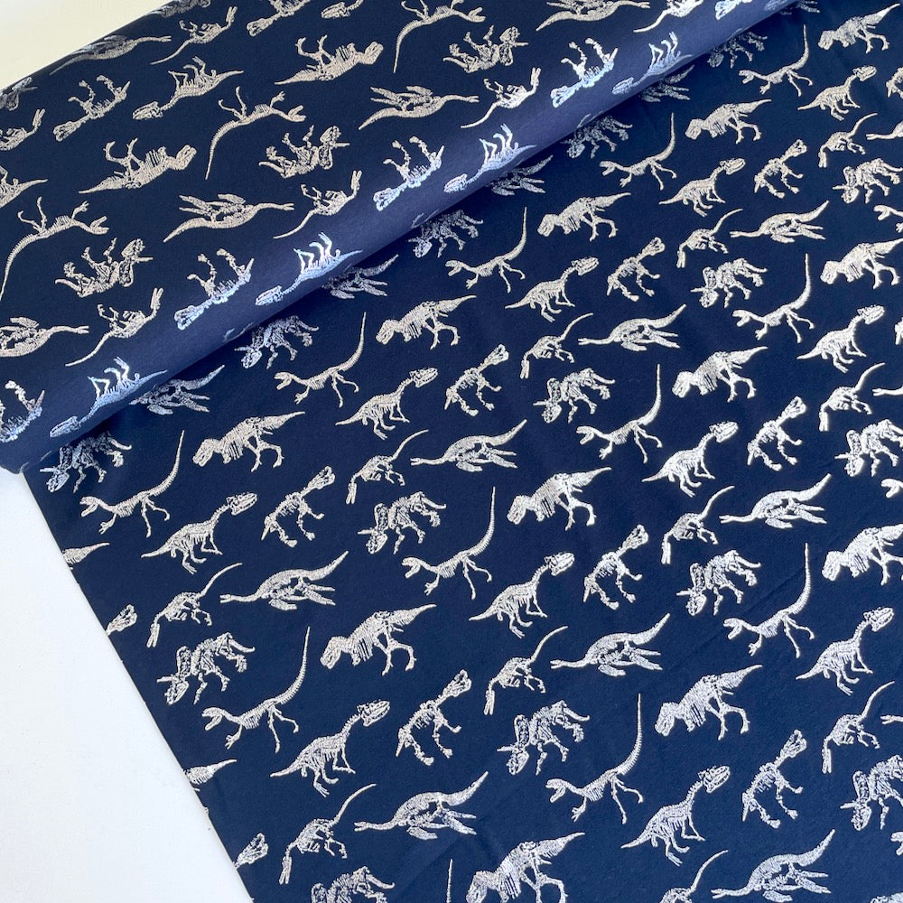 Remnant of Silver Dinosaur Skeletons - Metallic Foil Jersey - Navy (159cm)