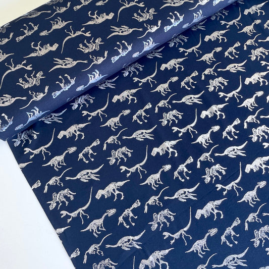 Silver Dinosaur Skeletons - Metallic Foil Jersey - Navy