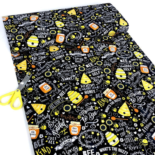 Busy Bees Chalk Words Black - Frumble Fabrics