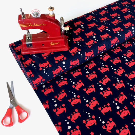 Cool Red Crabs Navy Jersey Print - Frumble Fabrics