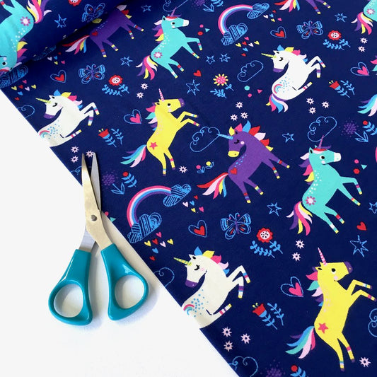 Multi Unicorns with Rainbows Navy Jersey Print - Frumble Fabrics