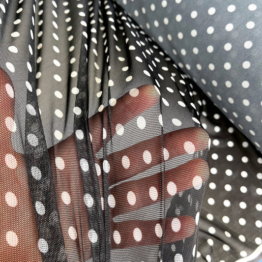 Per METRE Light Power Mesh Net Polka Dot print - Deadstock Designer Fabric - Black