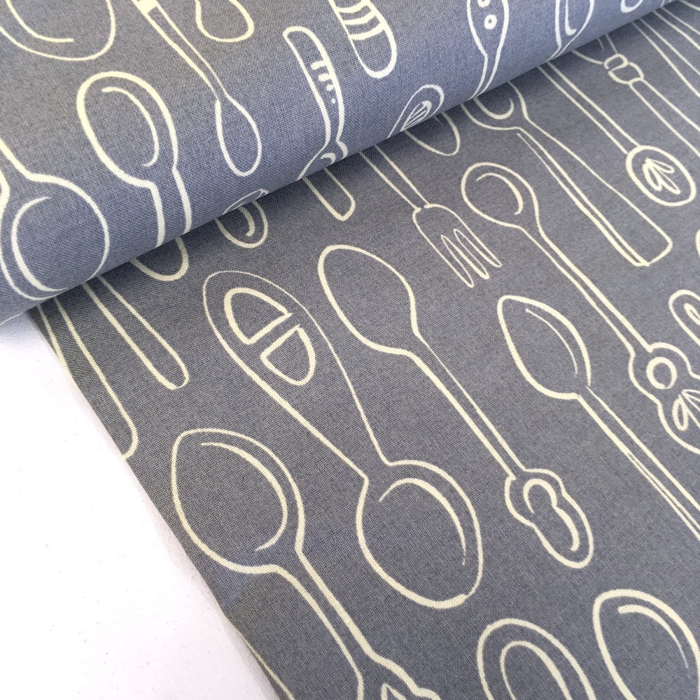 Remnant of Kitchen Spoons - Hamburger Liebe Organic Cotton Poplin - Grey (120cm)