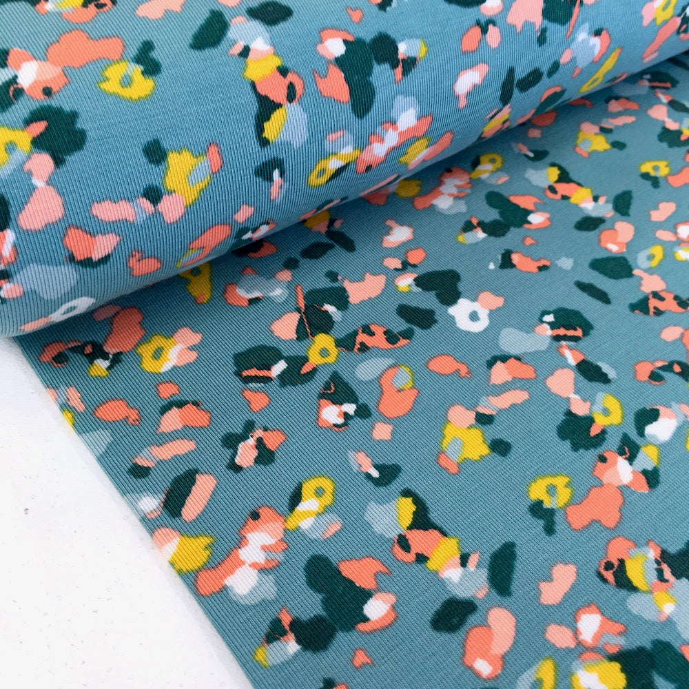 Remnant of Floral Animal Print - Tencel Modal Jersey - Coral on Teal Green (96cm)