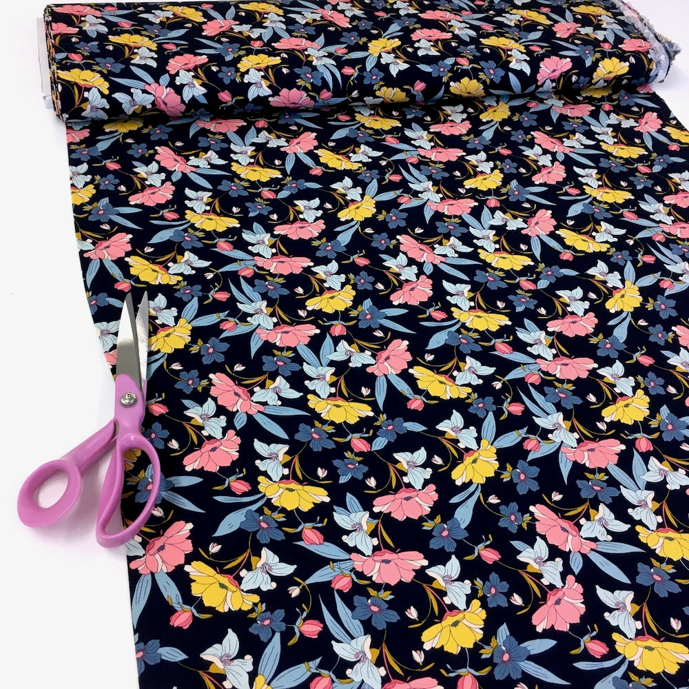 Rosella Garden Flowers Light Viscose Twill - Dark Navy