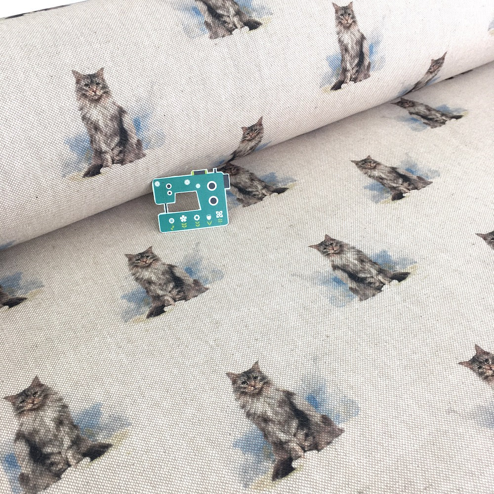 Fluffy Cat All Over Linen Look Half Panama Canvas Fabric - Frumble Fabrics UK