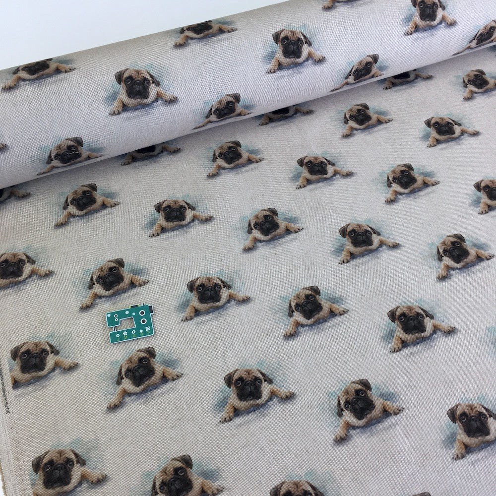 Pug Dog All Over Linen Look Half Panama Canvas Fabric - Frumble Fabrics UK