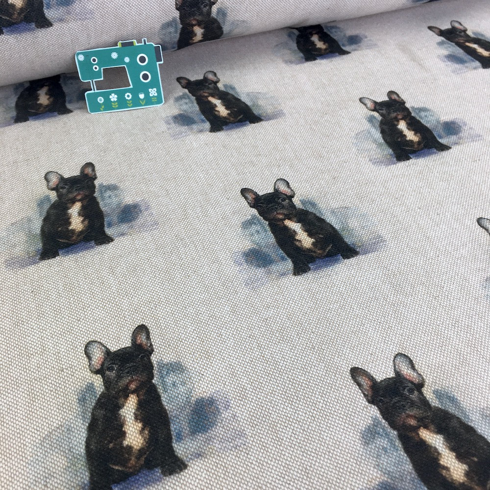 French Bulldog All Over Linen Look Half Panama Canvas Fabric