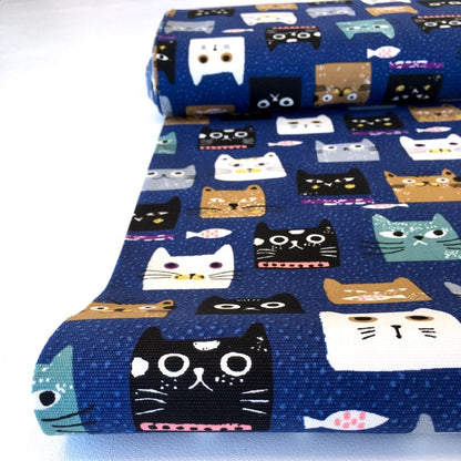 Cat Heads Canvas Cotton in Navy - Frumble Fabrics