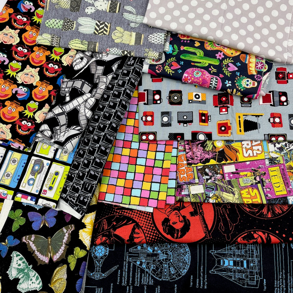 Cotton Fabric Designer Patterns Remnant Pack - Cool Darks, Black and Greys