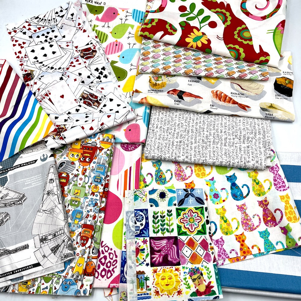 CLEARANCE Cotton Fabric Designer Patterns Remnant Pack - White & Brights