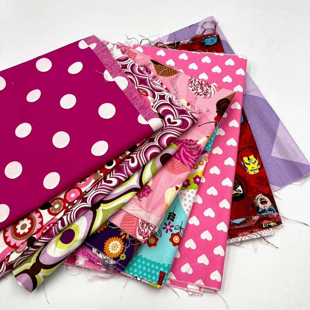 CLEARANCE Cotton Fabric Designer Patterns Remnant Pack - Pinks, Reds and Purples