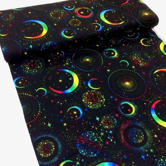 Rainbow Moon and Stars Black - Frumble Fabrics