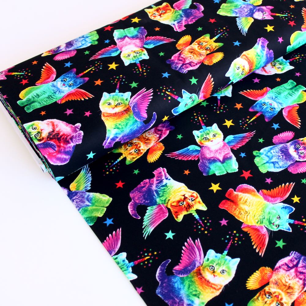 Rainbow Unicorn Cats Black - Frumble Fabrics