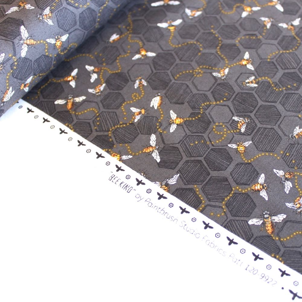 Bee Kind Honeycomb Bees Black - Frumble Fabrics
