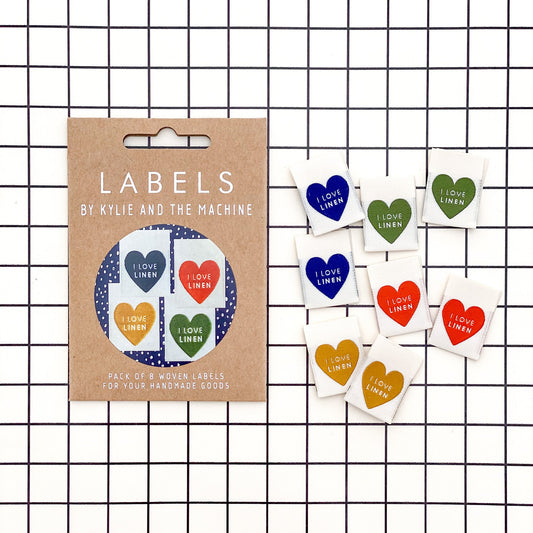 8 x Woven Labels - KATM Kylie And The Machine Labels - I LOVE LINEN (Multi Hearts)