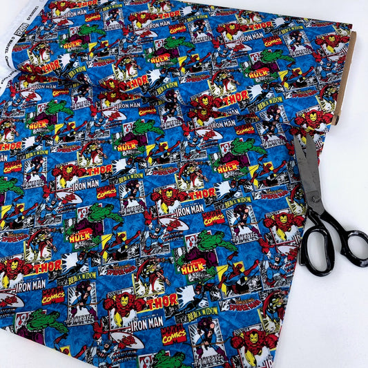 Quilting Cotton - Marvel - Comic Burst Blue (Per Metre)