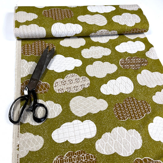 Cotton/Linen Canvas Hummingbird Geo Clouds Mustard Green