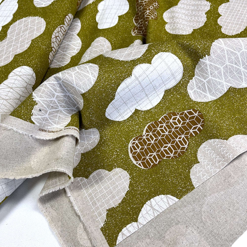 Cotton/Linen Canvas Hummingbird Geo Clouds Mustard Green