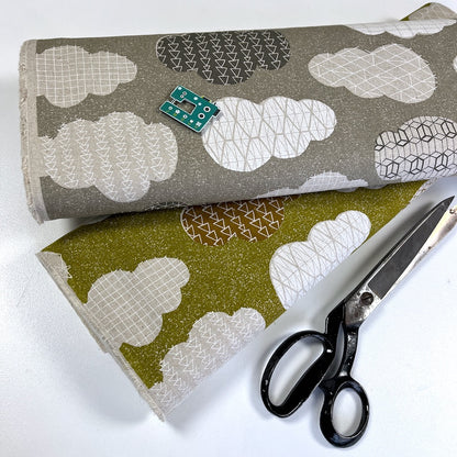 Cotton/Linen Canvas Hummingbird Geo Clouds Mustard Green