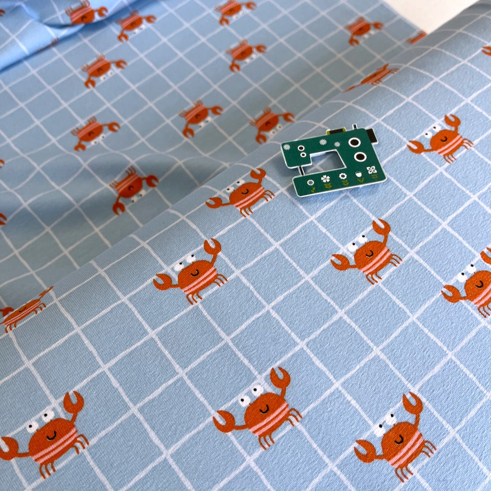 Remnant of Seaside Crabs on Grid - Printed Cotton Jersey - Baby Blue (150cm)