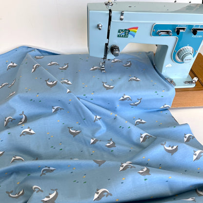 Happy Dolphins - Printed Cotton Jersey - Baby Blue