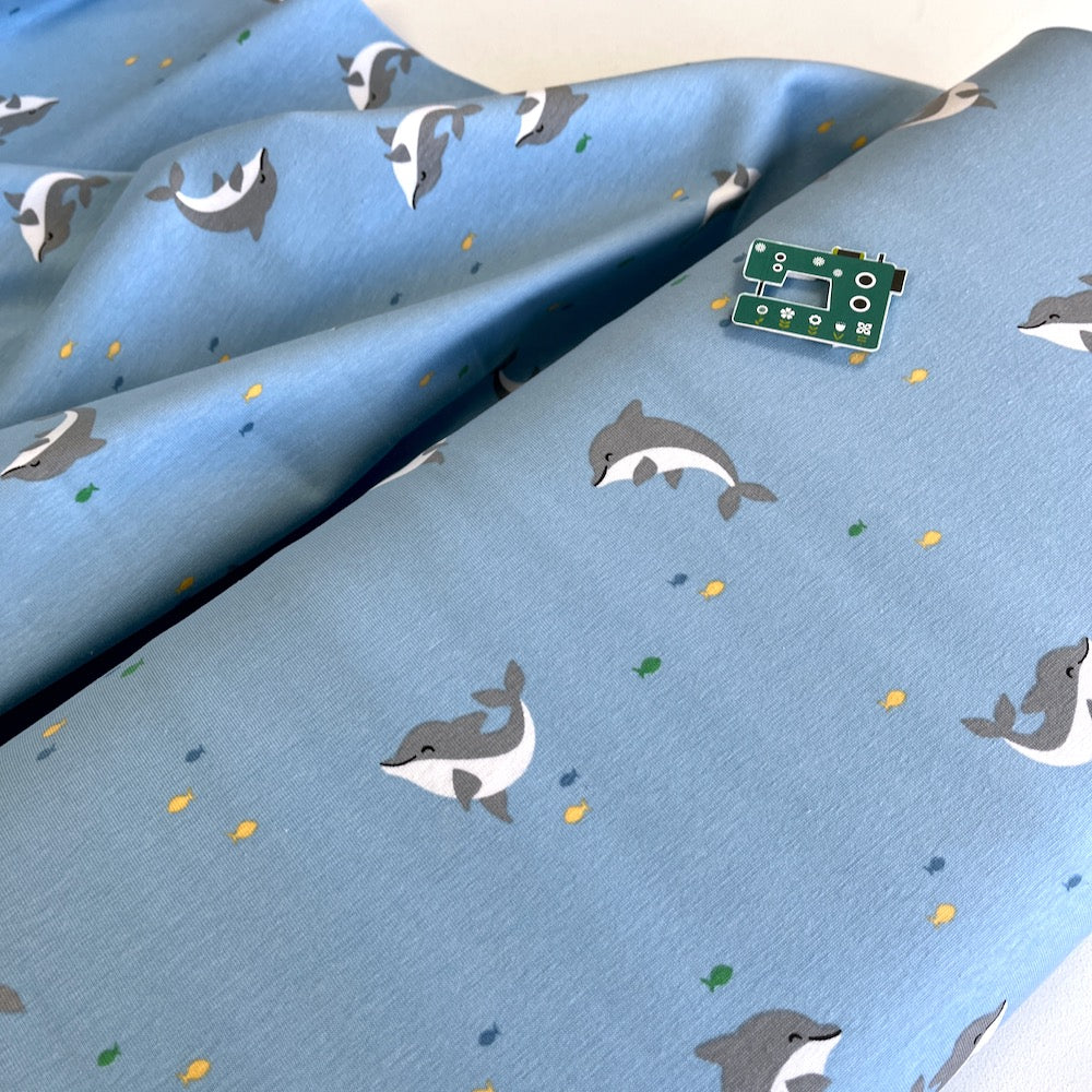 Happy Dolphins - Printed Cotton Jersey - Baby Blue