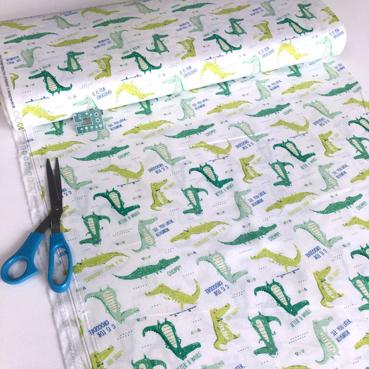 Camelot Fabric - Crocodile Phrases - Oh Snap Green