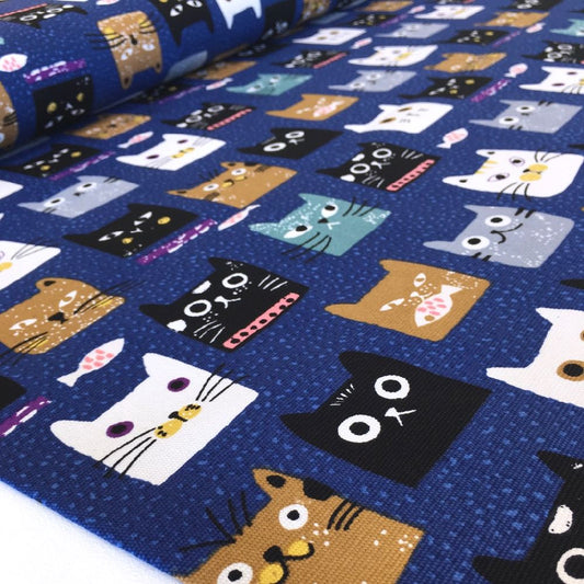 Cat Heads Canvas Cotton in Navy - Frumble Fabrics
