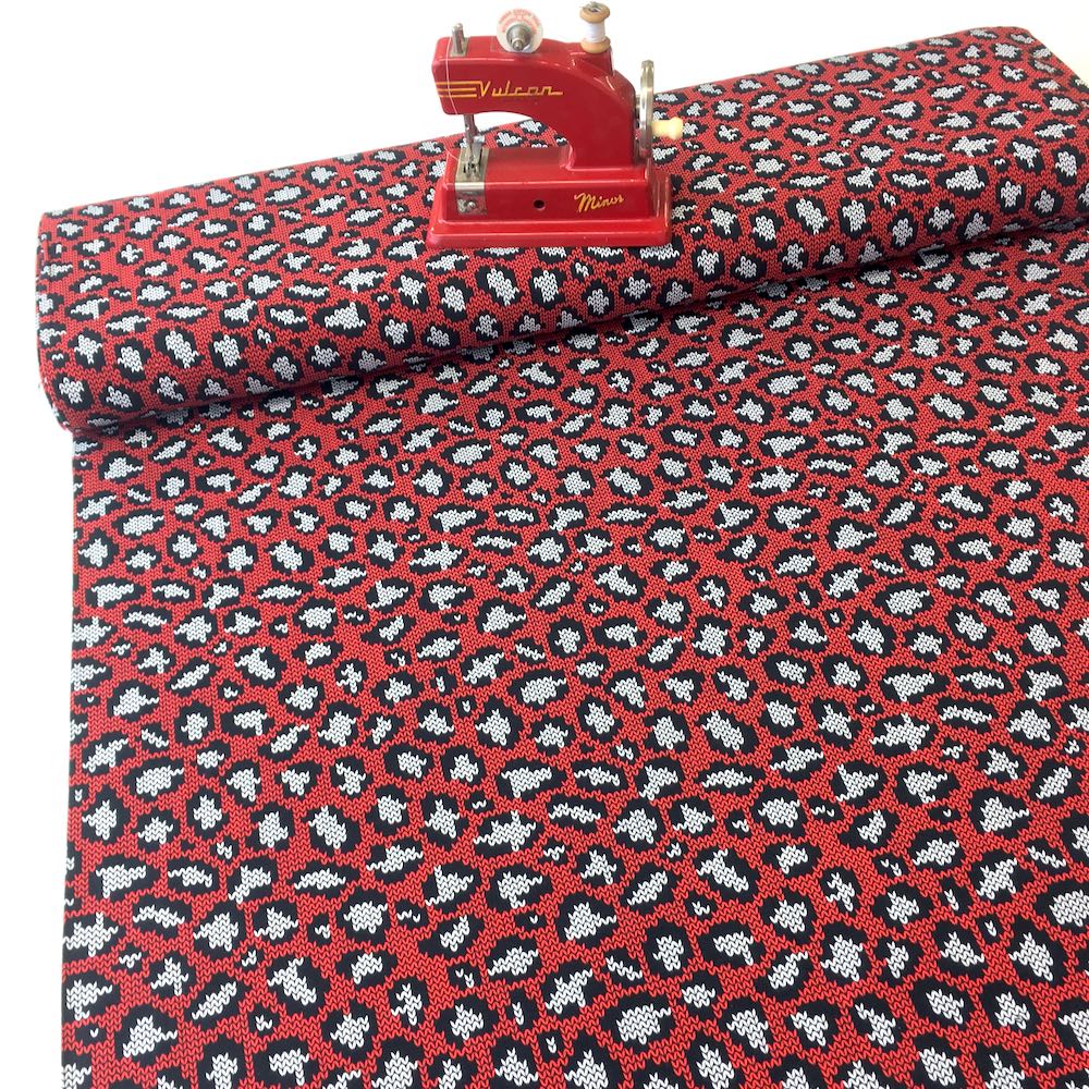 Knit and Purl Leopard Spots Red Jersey Print - Frumble Fabrics