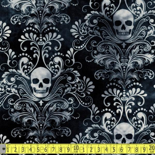 Wicked Skull Damask Charcoal - Frumble Fabrics