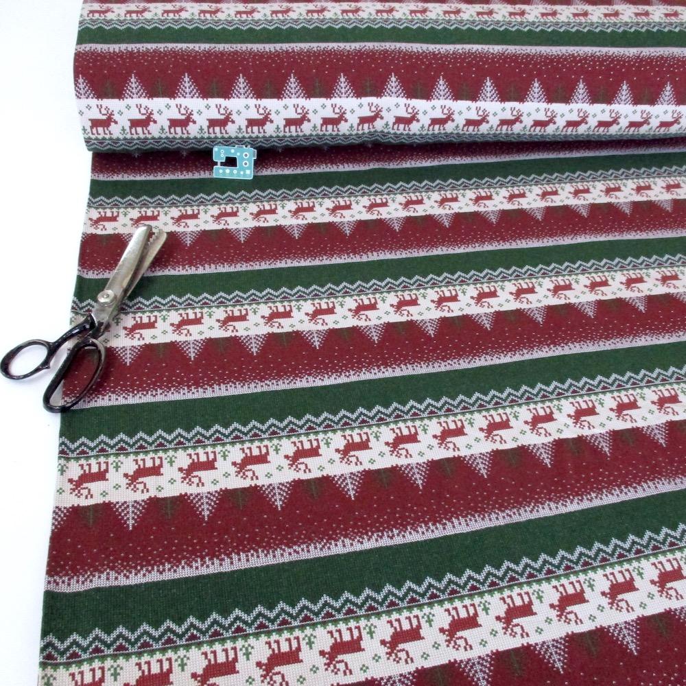Alpine Scene Christmas Stripe - Brushed French Terry - Burgundy Sewing and Dressmaking Fabric