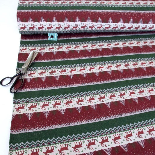 Alpine Scene Christmas Stripe - Brushed French Terry - Burgundy Sewing and Dressmaking Fabric
