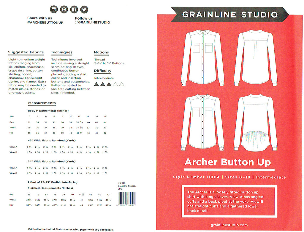 Grainline Studio - Archer Button Up - Frumble Fabrics