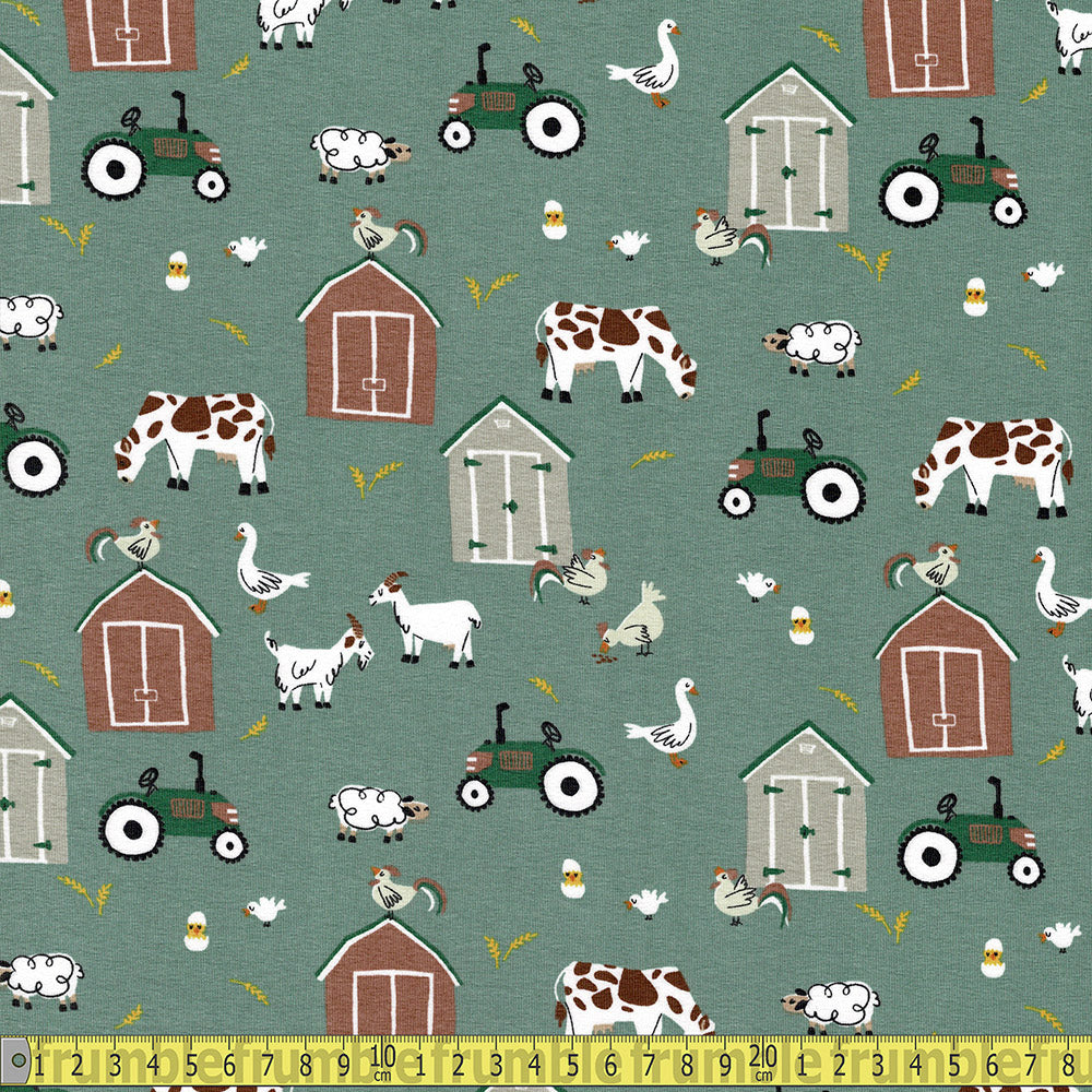 At The Farm - Printed Cotton Jersey - Green Sewing and Dressmaking Fabric