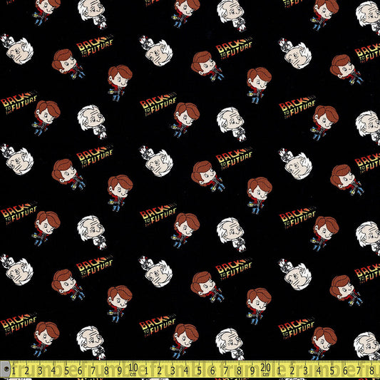 Back To The Future Chibi Marty Doc - Korean Woven Fabric - Black Sewing and Dressmaking Fabric