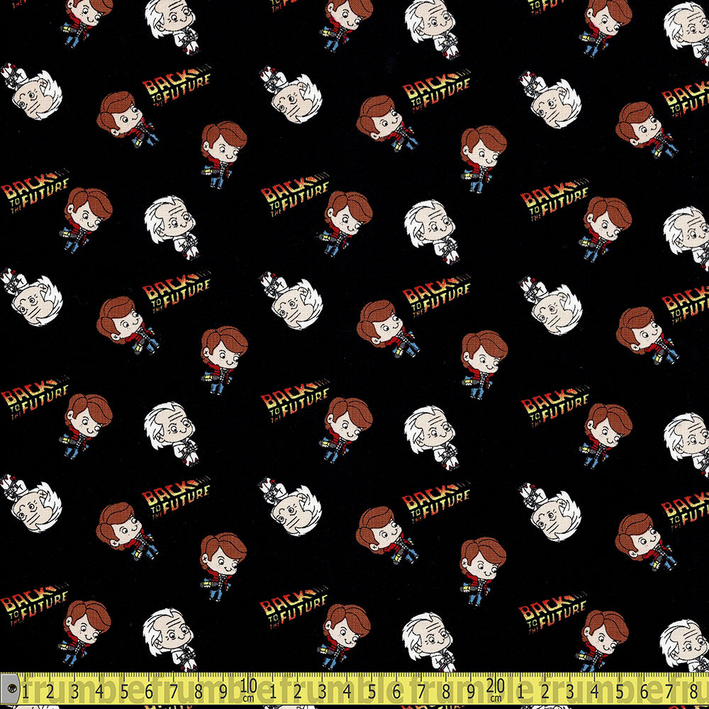 Back To The Future Chibi Marty Doc - Korean Woven Fabric - Black Sewing and Dressmaking Fabric