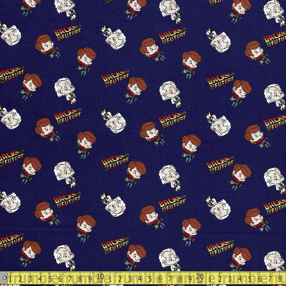 Back To The Future Chibi Marty Doc - Korean Woven Fabric - Navy Sewing and Dressmaking Fabric