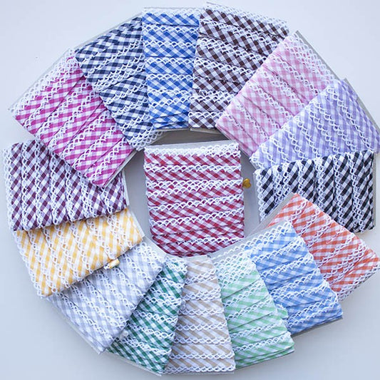 Woven Gingham Lace Edge Bias Binding 5 metres - Frumble Fabrics