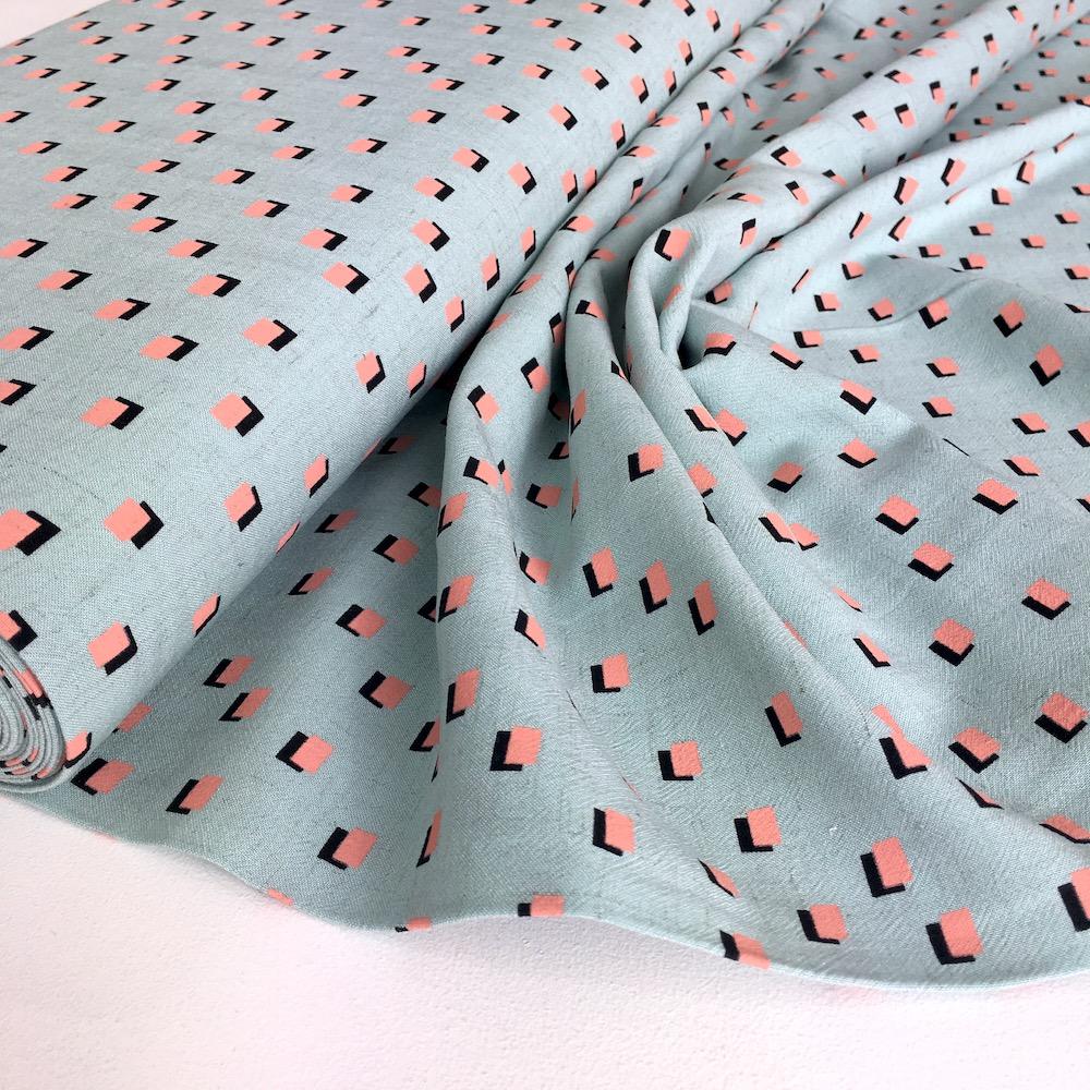 Shadow Blocks Linen Viscose in Aqua Coral - Frumble Fabrics