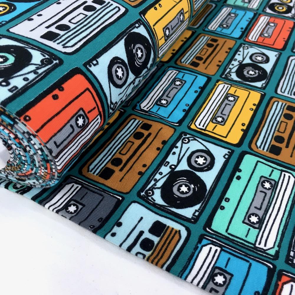 Music Tapes Printed Jersey Petrol - Frumble Fabrics