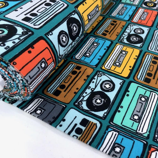 Music Tapes Printed Jersey Petrol - Frumble Fabrics