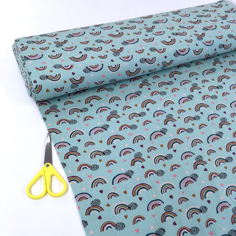 Organic Rainbows And Hearts Printed Jersey Mint - Frumble Fabrics