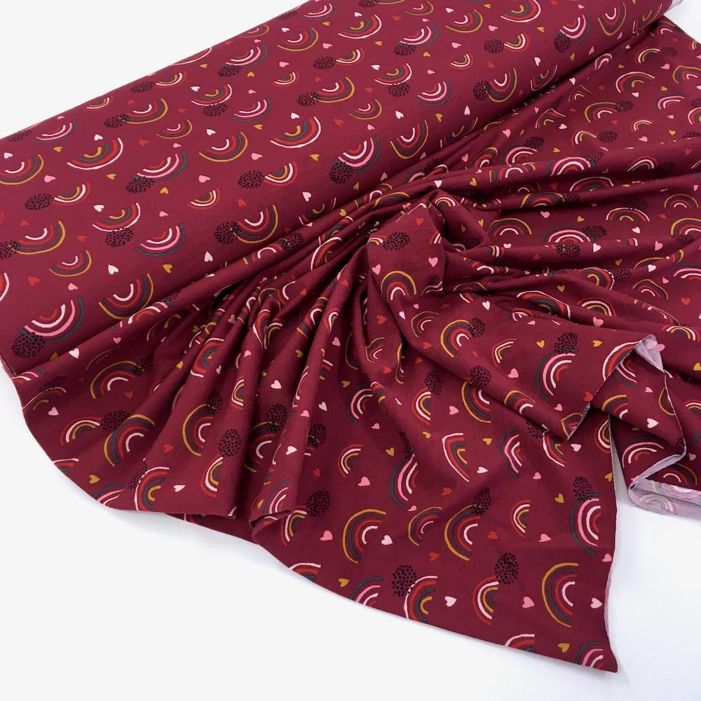 Organic Rainbows And Hearts Printed Jersey Plum - Frumble Fabrics