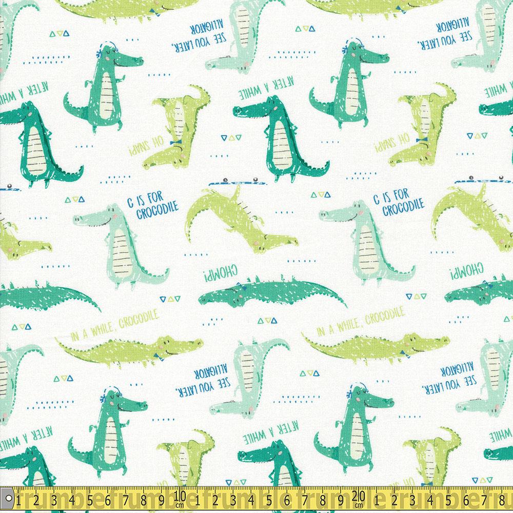 Camelot Fabric - Crocodile Phrases - Oh Snap Green Sewing and Dressmaking Fabric