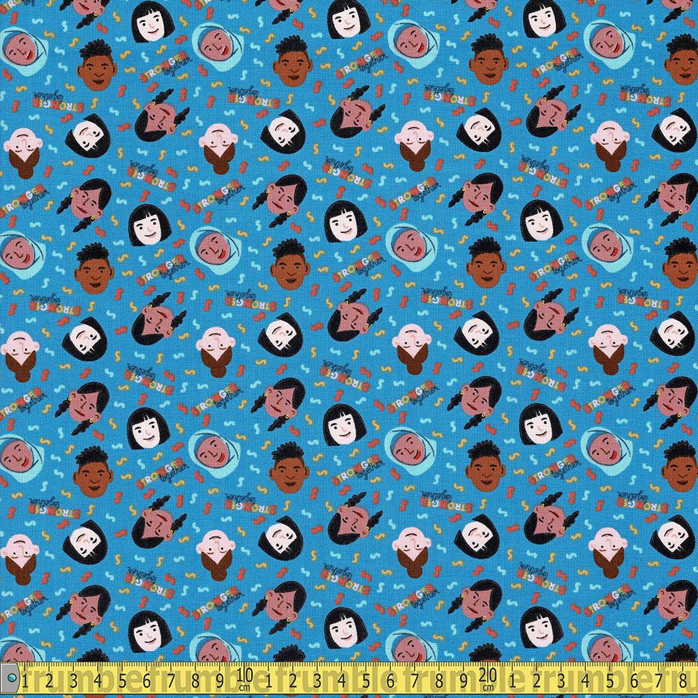 Camelot Fabric - Stronger Together - Faces Blue Sewing and Dressmaking Fabric