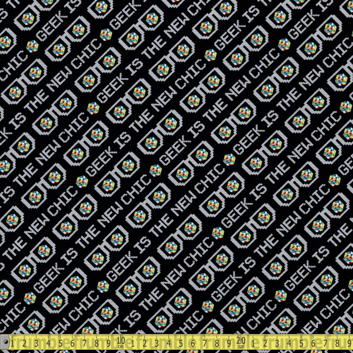 Camelot Fabrics - Rubiks Cube Geek Is New Chic Black - Sewing and Dressmaking Fabric