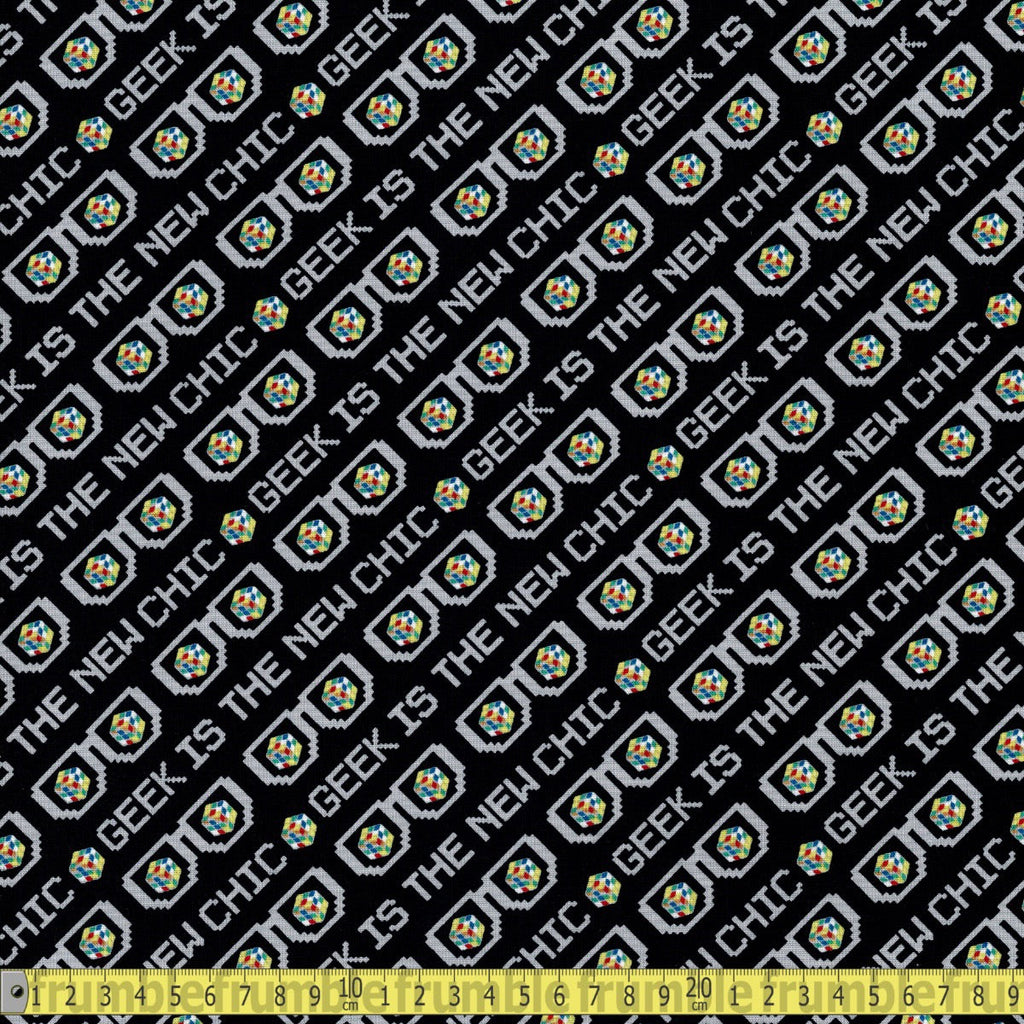 Camelot Fabrics - Rubiks Cube Geek Is New Chic Black - Sewing and Dressmaking Fabric