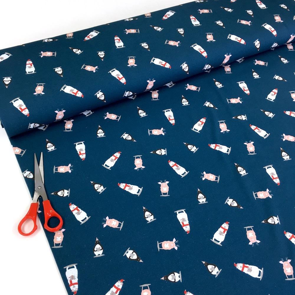 Christmas Carol Animals- Printed Cotton Jersey - Petrol Blue Sewing and Dressmaking Fabric