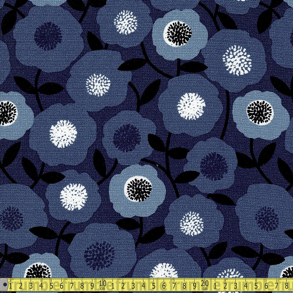Cloud 9 Organic Barkcloth - Retro - Blooms Blue Sewing and Dressmaking Fabric